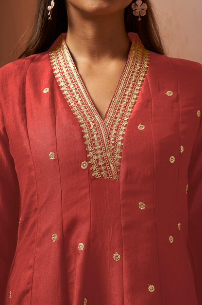 Women's Red Embroidered Vichitra Silk Kurta Set