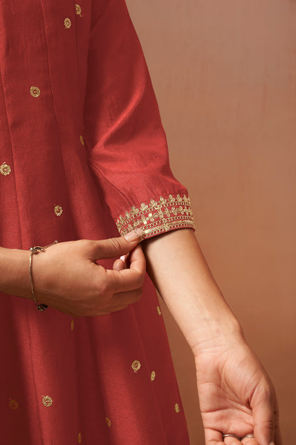 Women's Red Embroidered Vichitra Silk Kurta Set