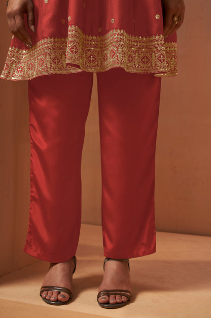 Women's Red Embroidered Vichitra Silk Kurta Set