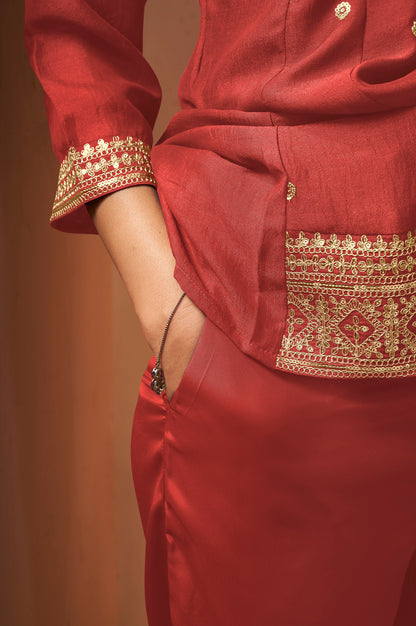 Women's Red Embroidered Vichitra Silk Kurta Set