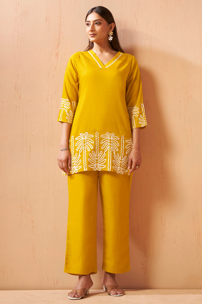 Mustard Embroidered Cotton Blend Co-Ord Set