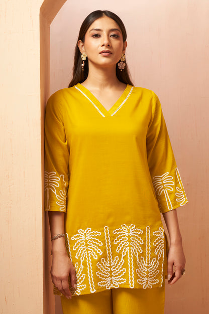 Mustard Embroidered Cotton Blend Co-Ord Set