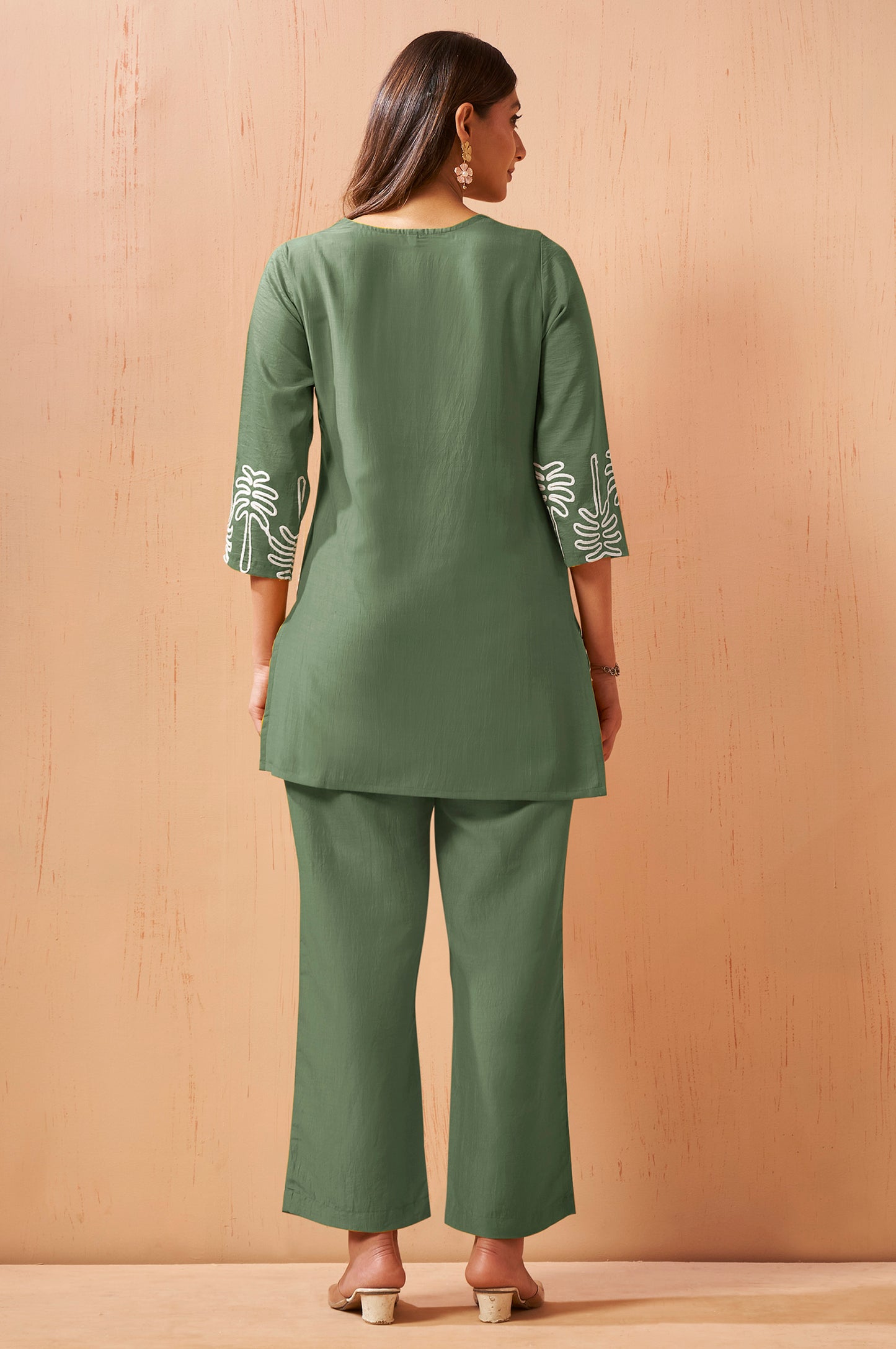 Green Embroidered Cotton Blend Co-Ord Set