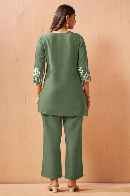 Green Embroidered Cotton Blend Co-Ord Set