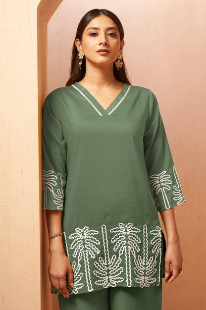 Green Embroidered Cotton Blend Co-Ord Set