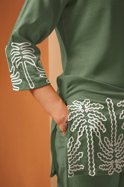 Green Embroidered Cotton Blend Co-Ord Set