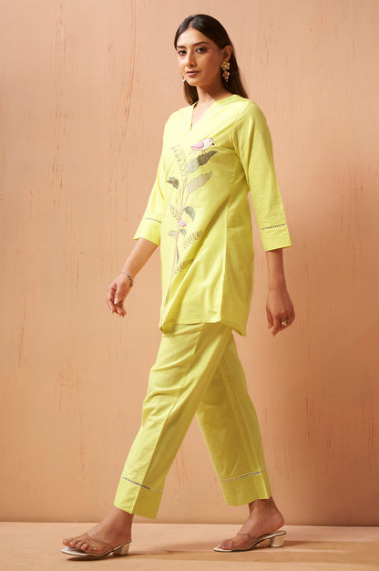 Yellow Embroidered Handwork Cotton Blend Co-Ord Set
