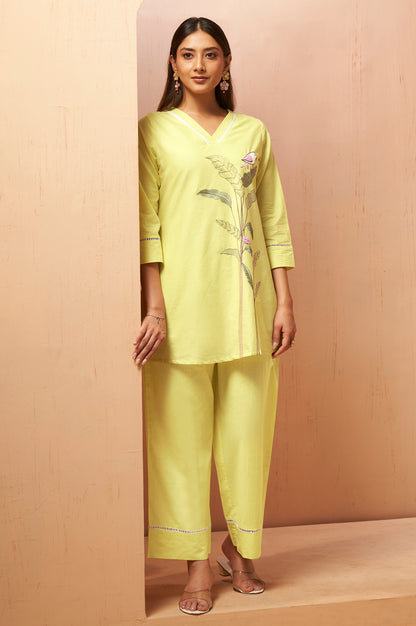 Yellow Embroidered Handwork Cotton Blend Co-Ord Set