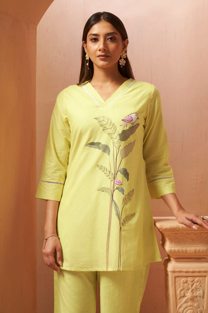 Yellow Embroidered Handwork Cotton Blend Co-Ord Set