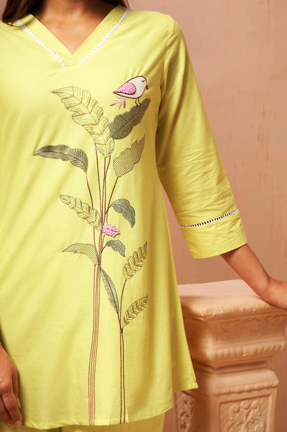Yellow Embroidered Handwork Cotton Blend Co-Ord Set