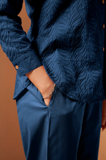 Navy Blue Embroidered Cotton Blend Co-Ord Set