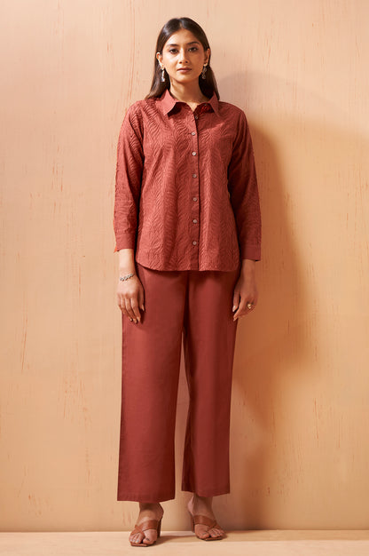 Rust Embroidered Cotton Blend Co-Ord Set