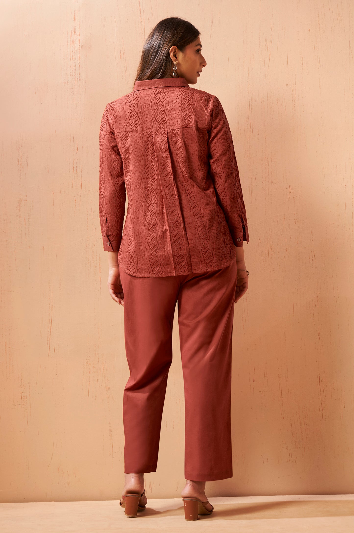 Rust Embroidered Cotton Blend Co-Ord Set