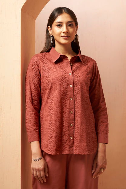 Rust Embroidered Cotton Blend Co-Ord Set