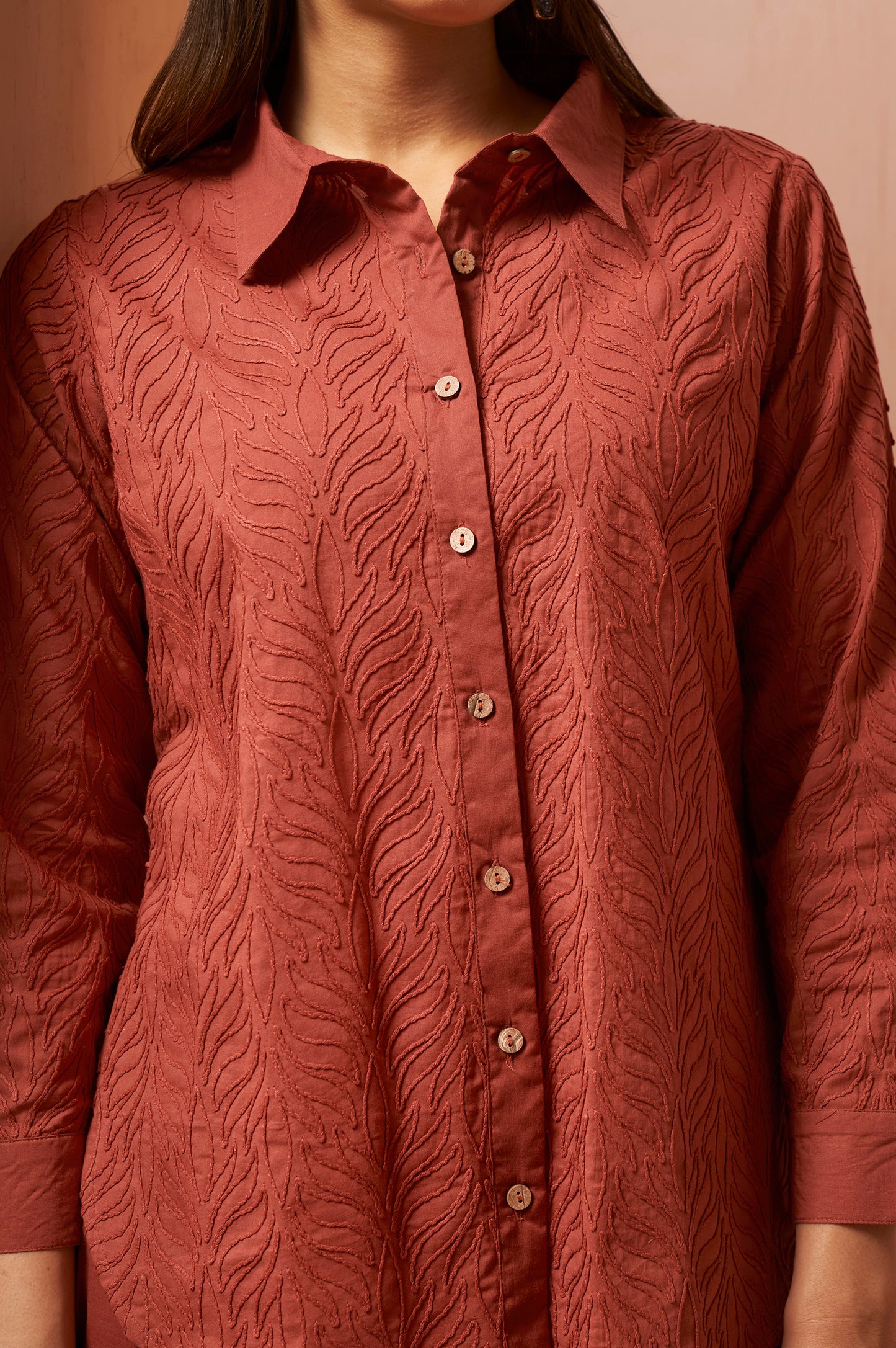 Rust Embroidered Cotton Blend Co-Ord Set