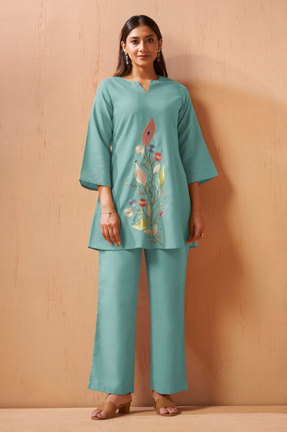 Dusty Teal Embroidered Mirror Work Co-Ord Set