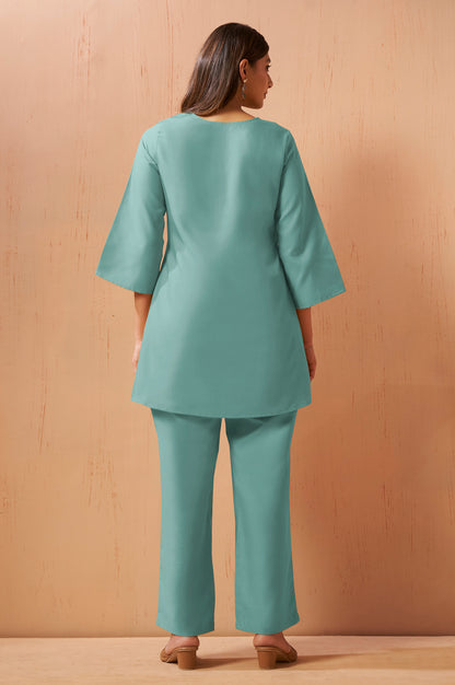 Dusty Teal Embroidered Mirror Work Co-Ord Set