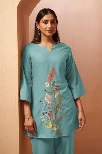 Dusty Teal Embroidered Mirror Work Co-Ord Set