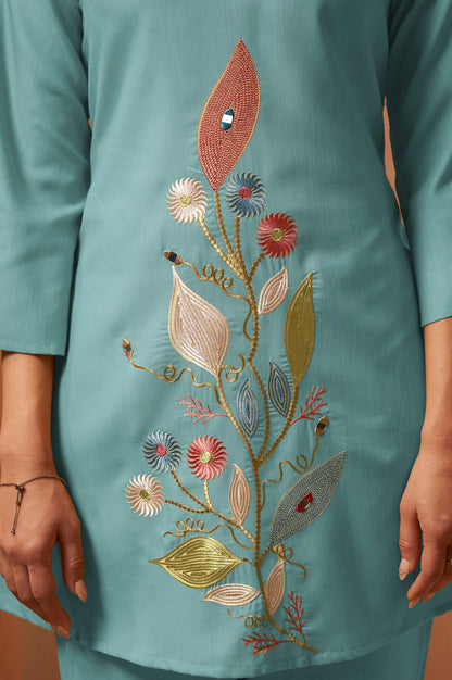 Dusty Teal Embroidered Mirror Work Co-Ord Set