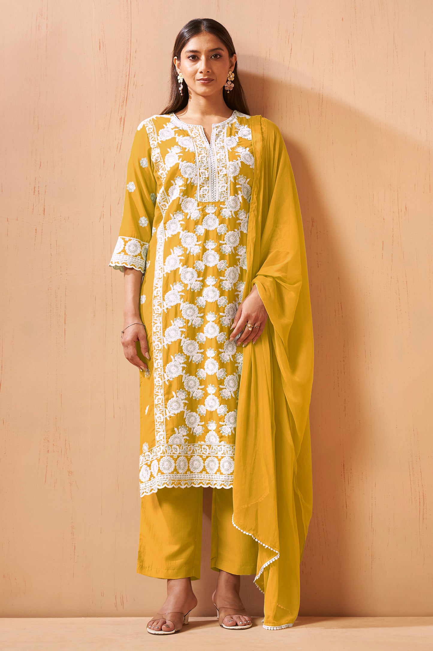 Women's Yellow Schiffli Embroidered Kurta Set