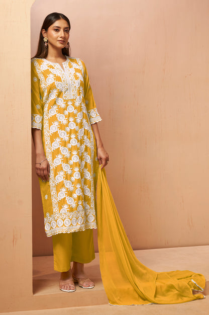 Women's Yellow Schiffli Embroidered Kurta Set