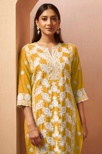 Women's Yellow Schiffli Embroidered Kurta Set