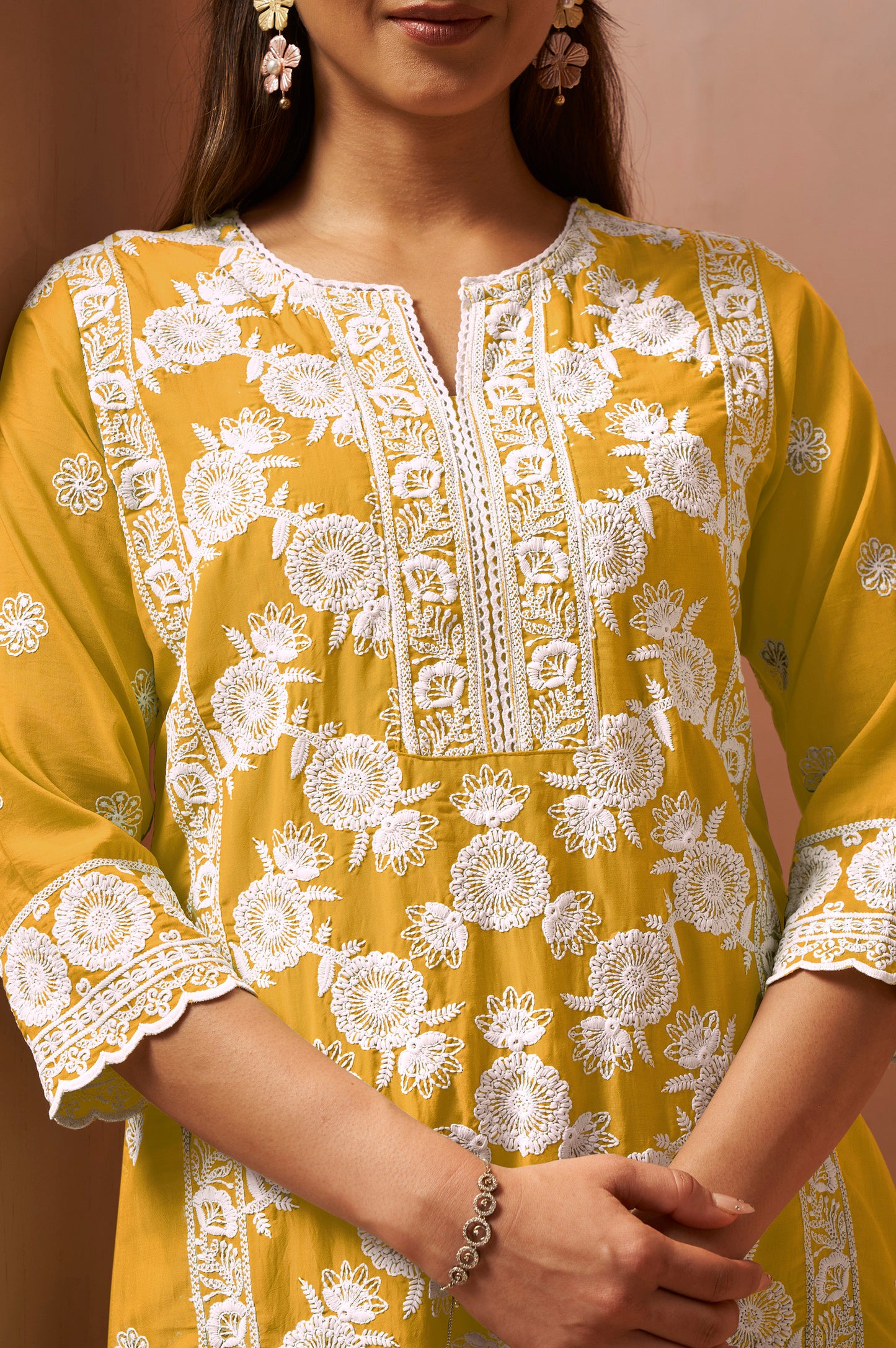 Women's Yellow Schiffli Embroidered Kurta Set