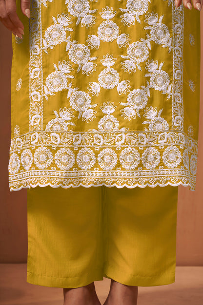 Women's Yellow Schiffli Embroidered Kurta Set