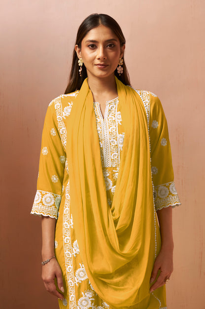 Women's Yellow Schiffli Embroidered Kurta Set