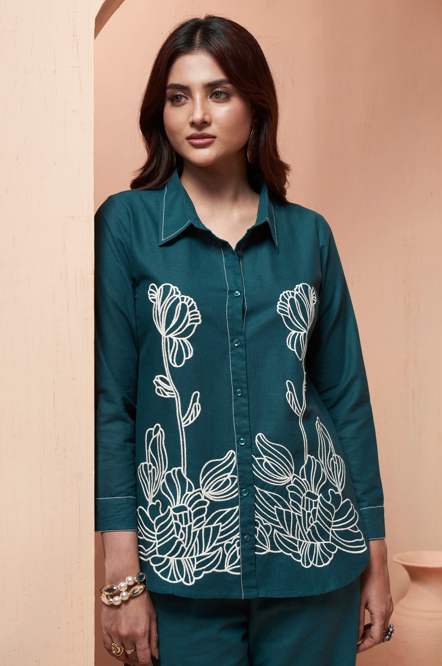 Women's Navy Blue Embroidered Cotton Flex Co-Ord Set