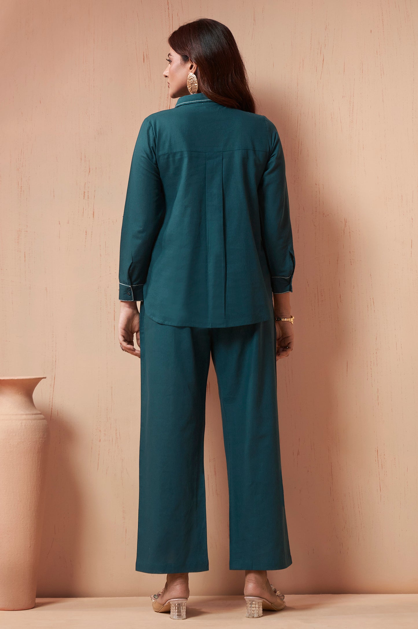 Women's Navy Blue Embroidered Cotton Flex Co-Ord Set