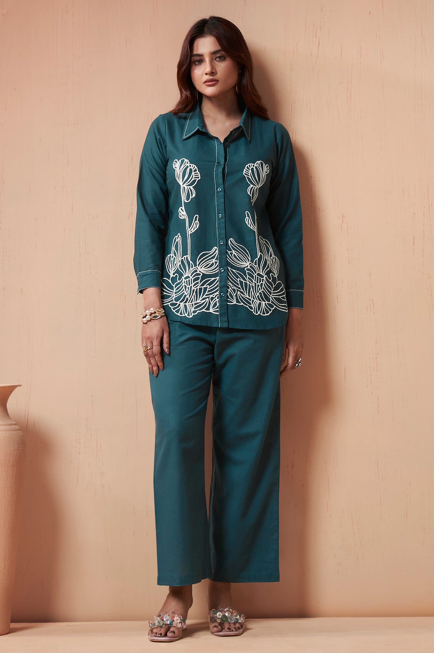 Women's Navy Blue Embroidered Cotton Flex Co-Ord Set