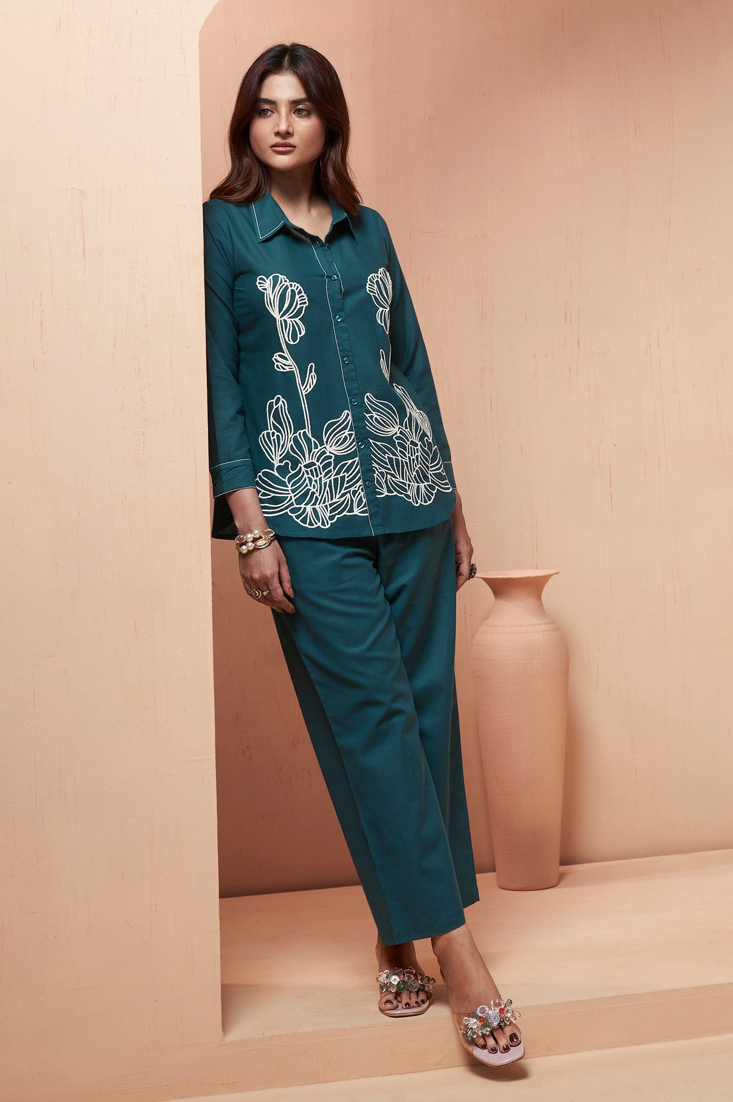 Women's Navy Blue Embroidered Cotton Flex Co-Ord Set