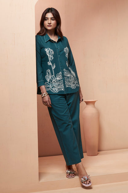 Women's Navy Blue Embroidered Cotton Flex Co-Ord Set