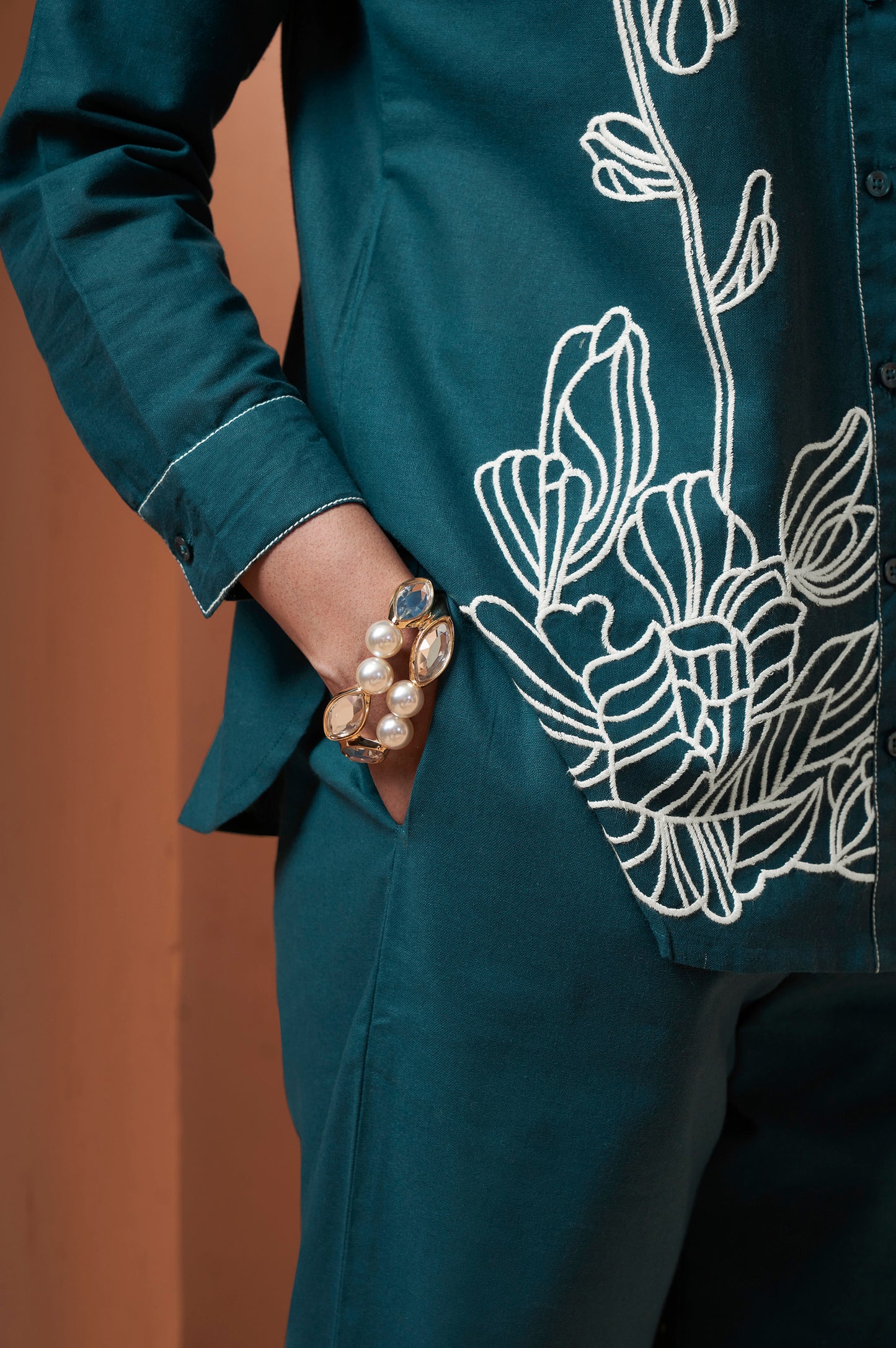 Women's Navy Blue Embroidered Cotton Flex Co-Ord Set