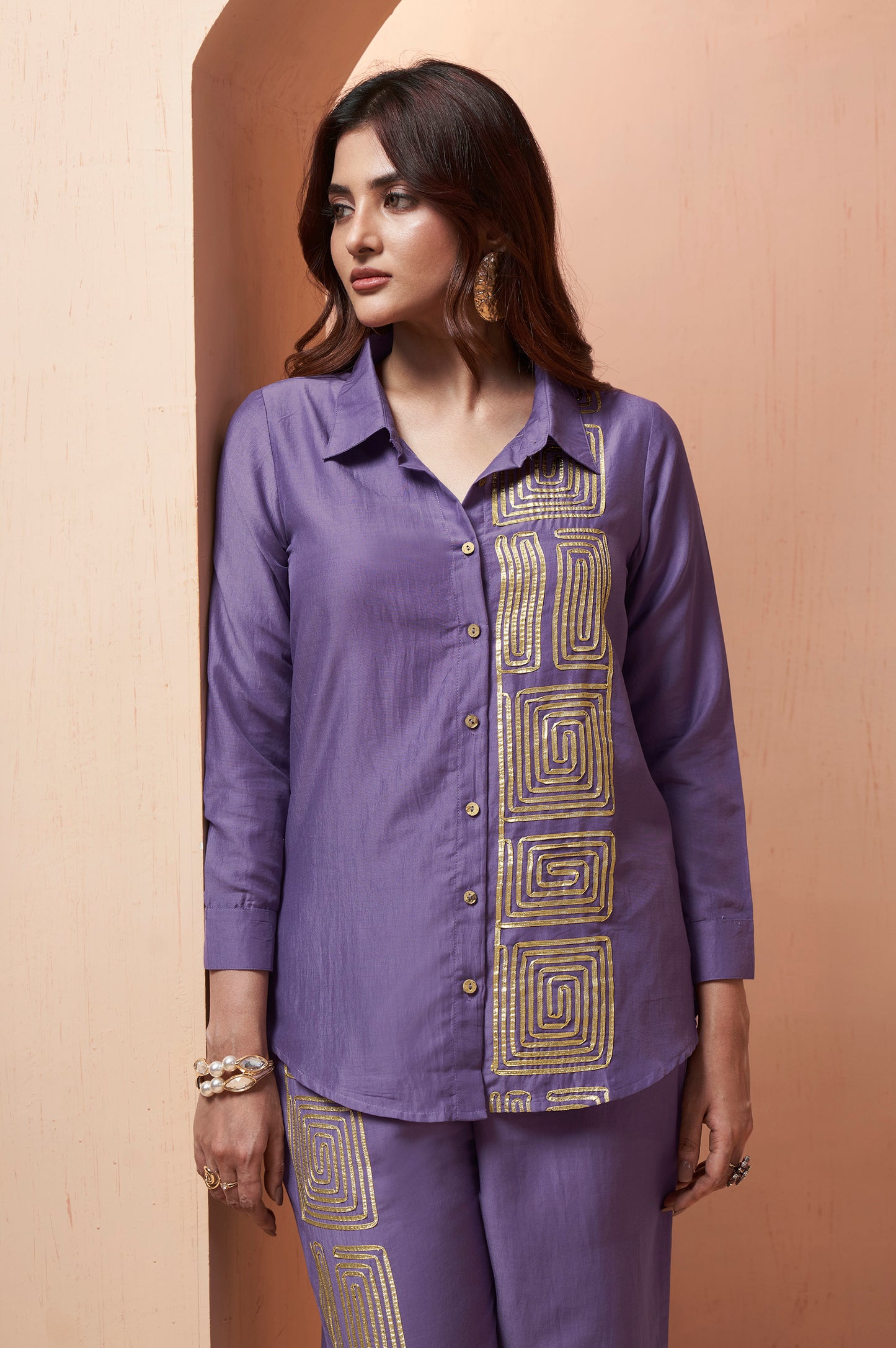 Women's Lavender Embroidered Cotton Blend Co-Ord Set