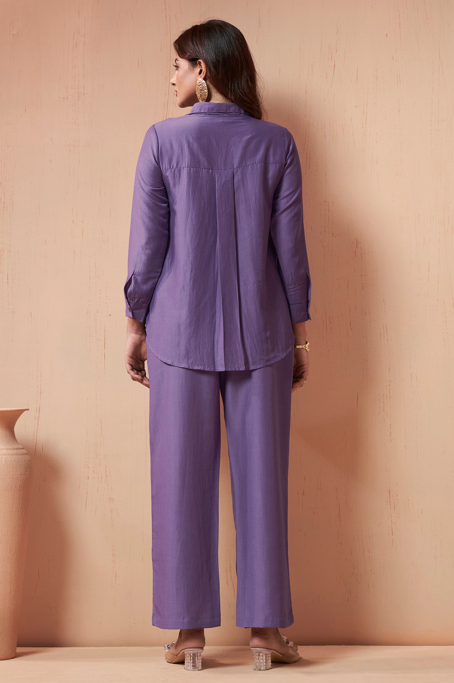 Women's Lavender Embroidered Cotton Blend Co-Ord Set