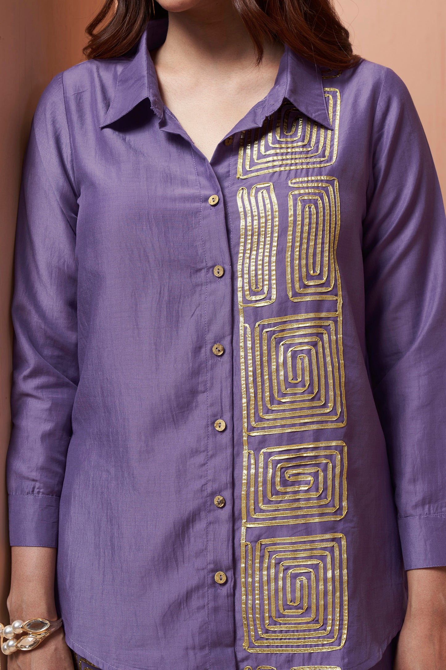 Women's Lavender Embroidered Cotton Blend Co-Ord Set