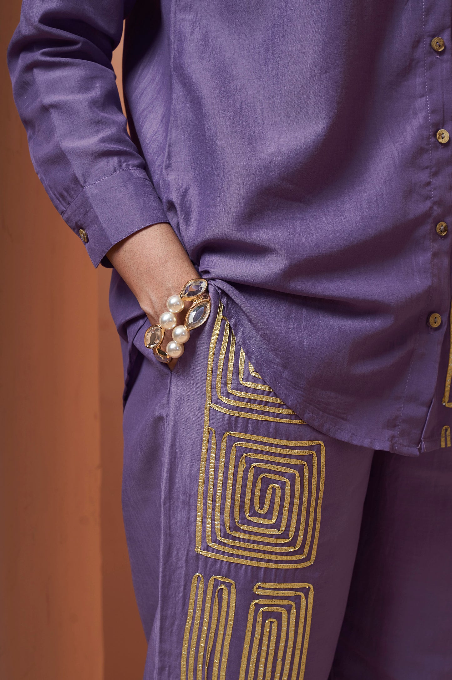 Women's Lavender Embroidered Cotton Blend Co-Ord Set