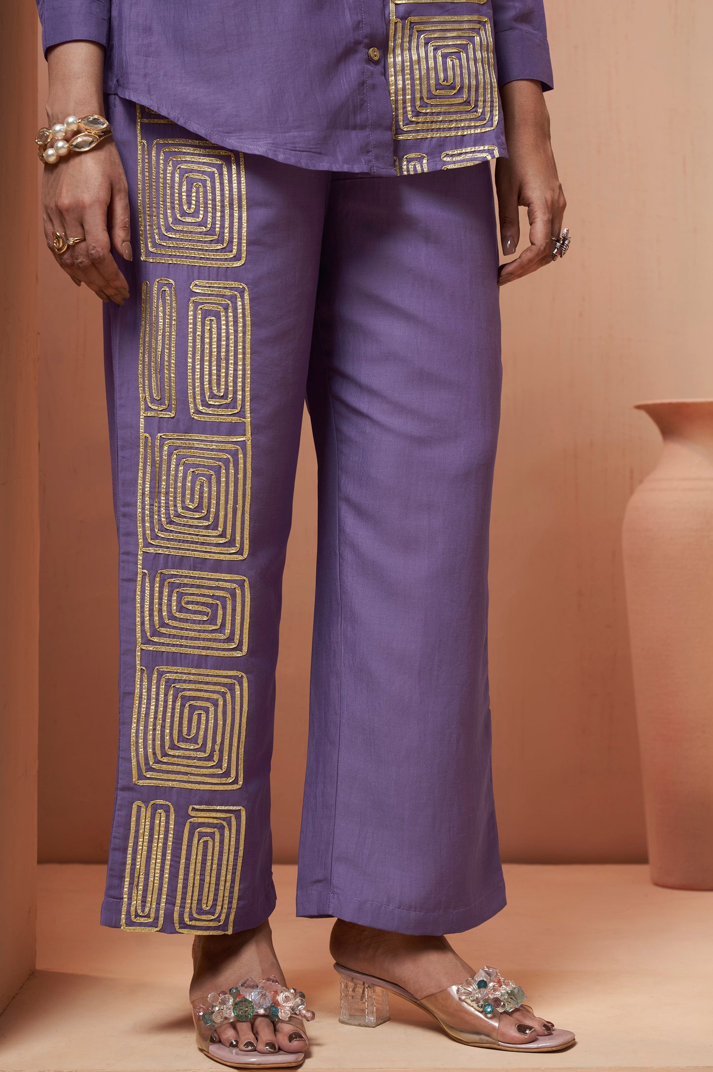 Women's Lavender Embroidered Cotton Blend Co-Ord Set