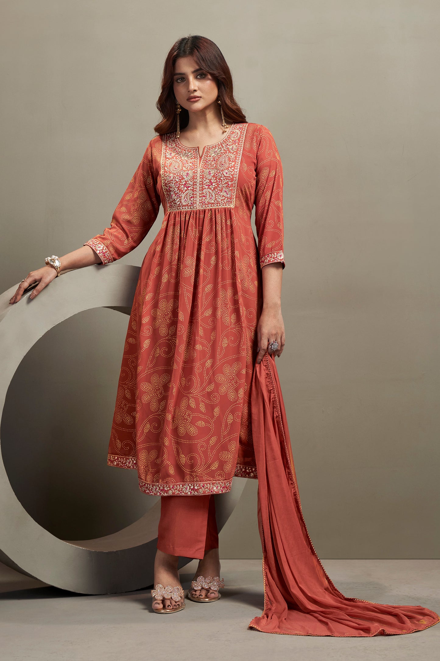 Women's Orange Georgette Embroidered Straight Kurta Set with Chiffon Dupatta