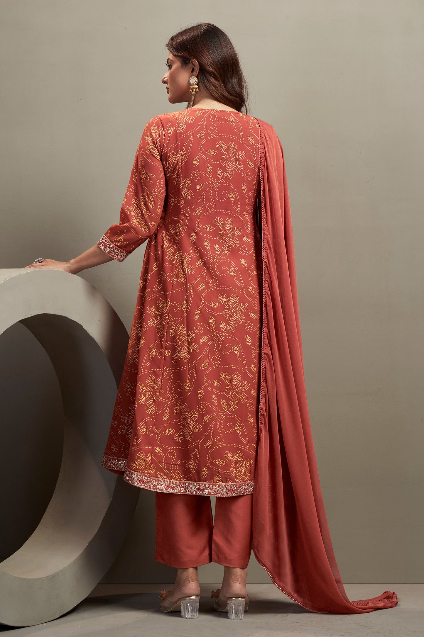 Women's Orange Georgette Embroidered Straight Kurta Set with Chiffon Dupatta