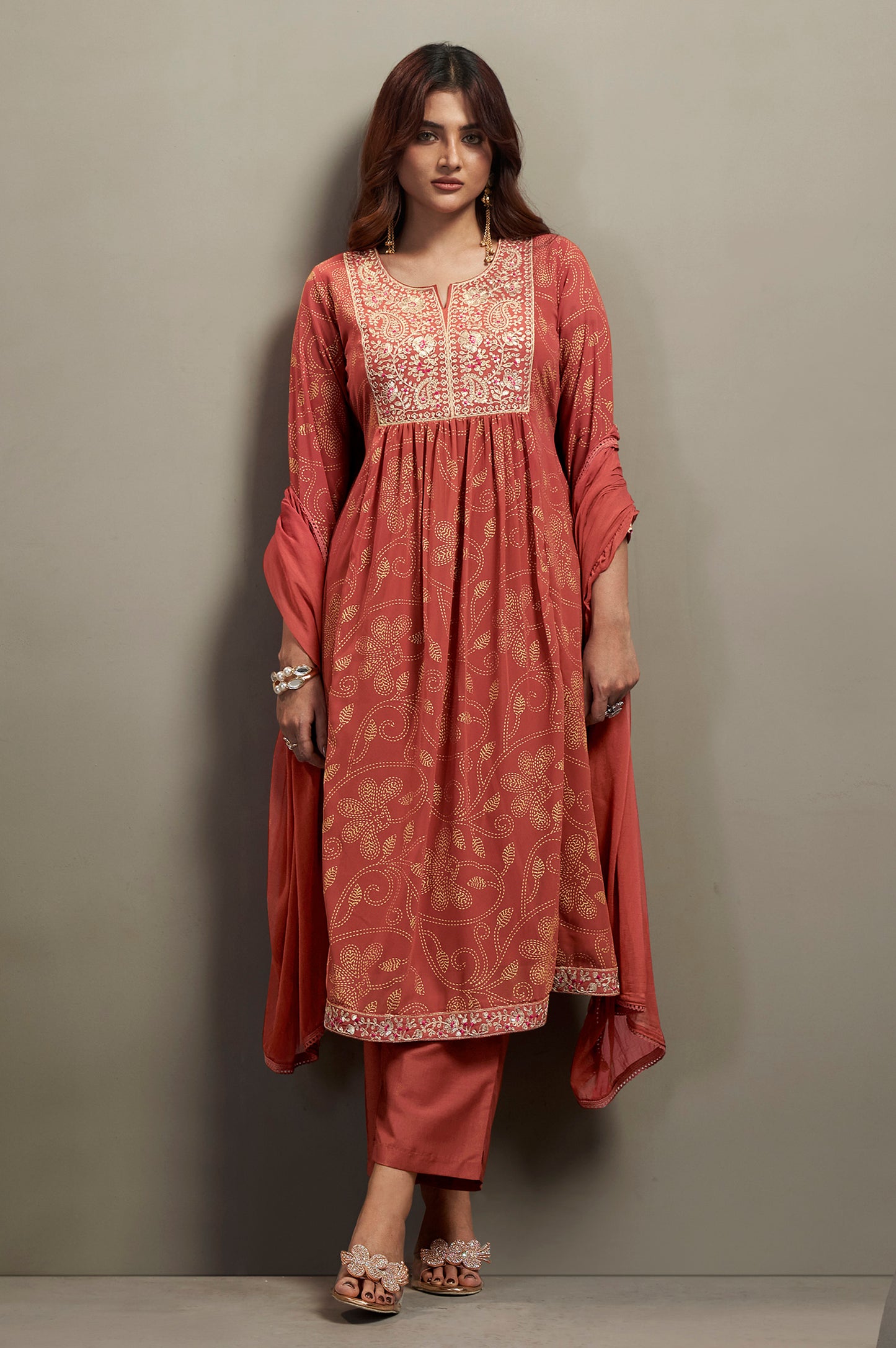 Women's Orange Georgette Embroidered Straight Kurta Set with Chiffon Dupatta