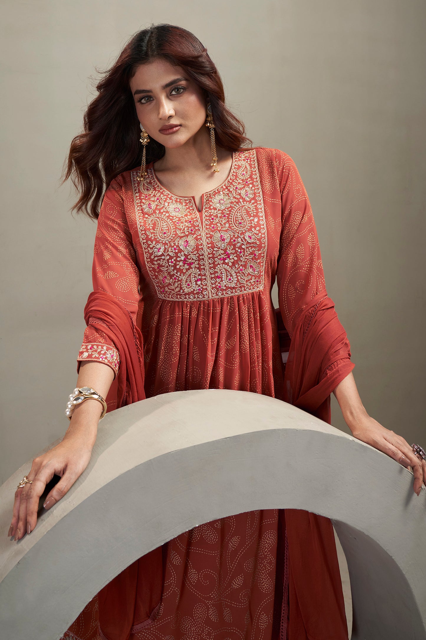 Women's Orange Georgette Embroidered Straight Kurta Set with Chiffon Dupatta