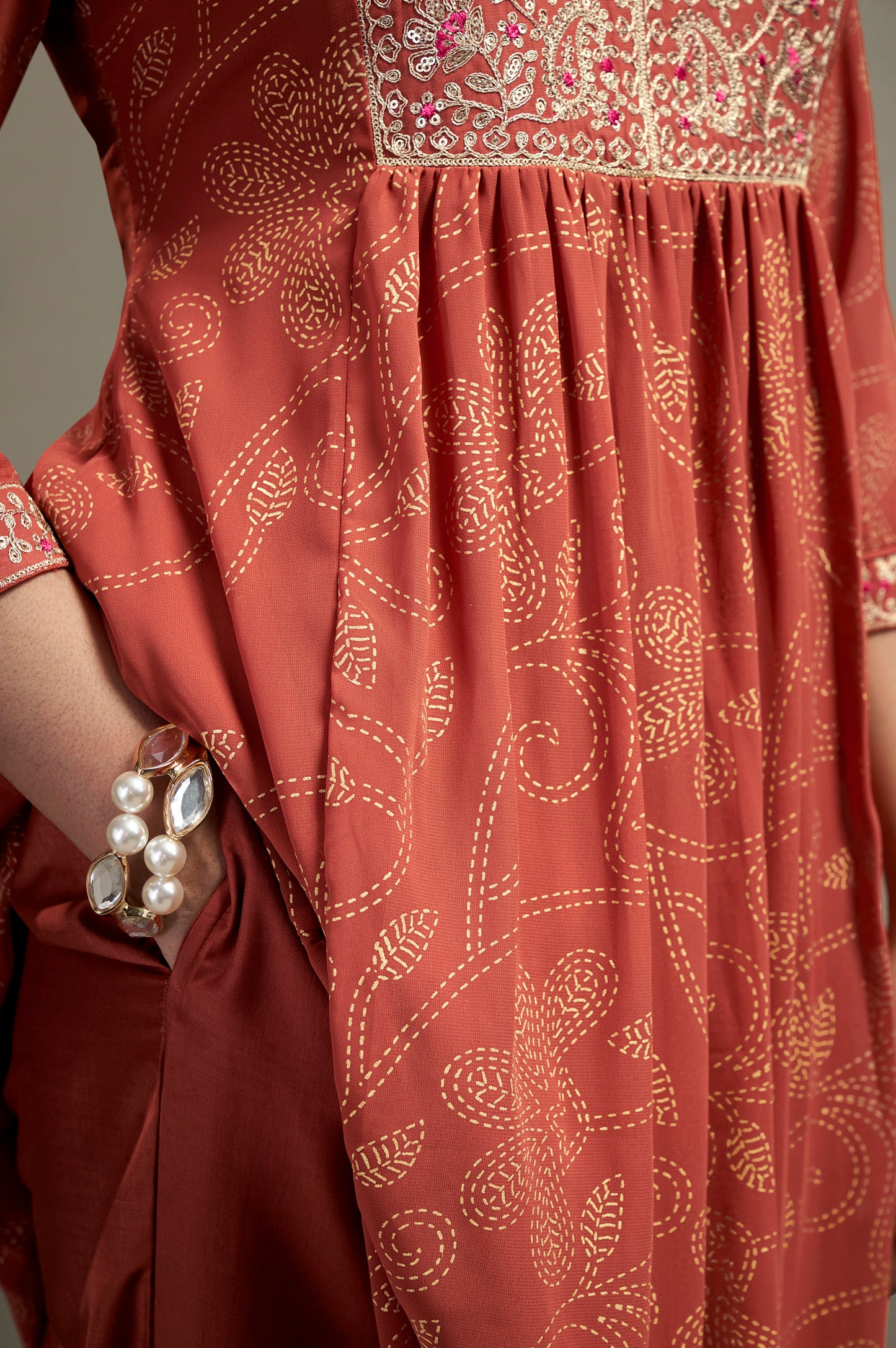 Women's Orange Georgette Embroidered Straight Kurta Set with Chiffon Dupatta