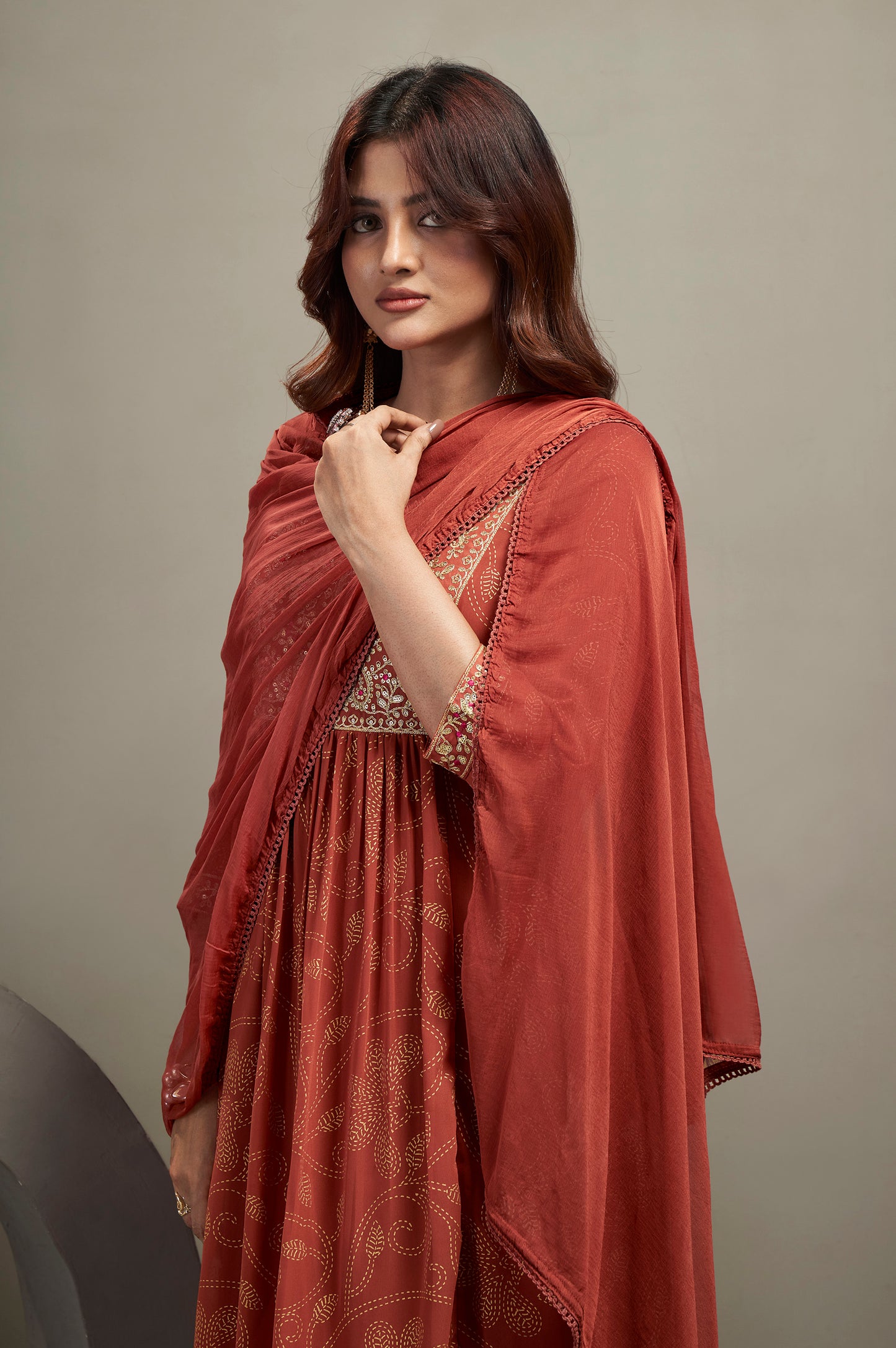 Women's Orange Georgette Embroidered Straight Kurta Set with Chiffon Dupatta