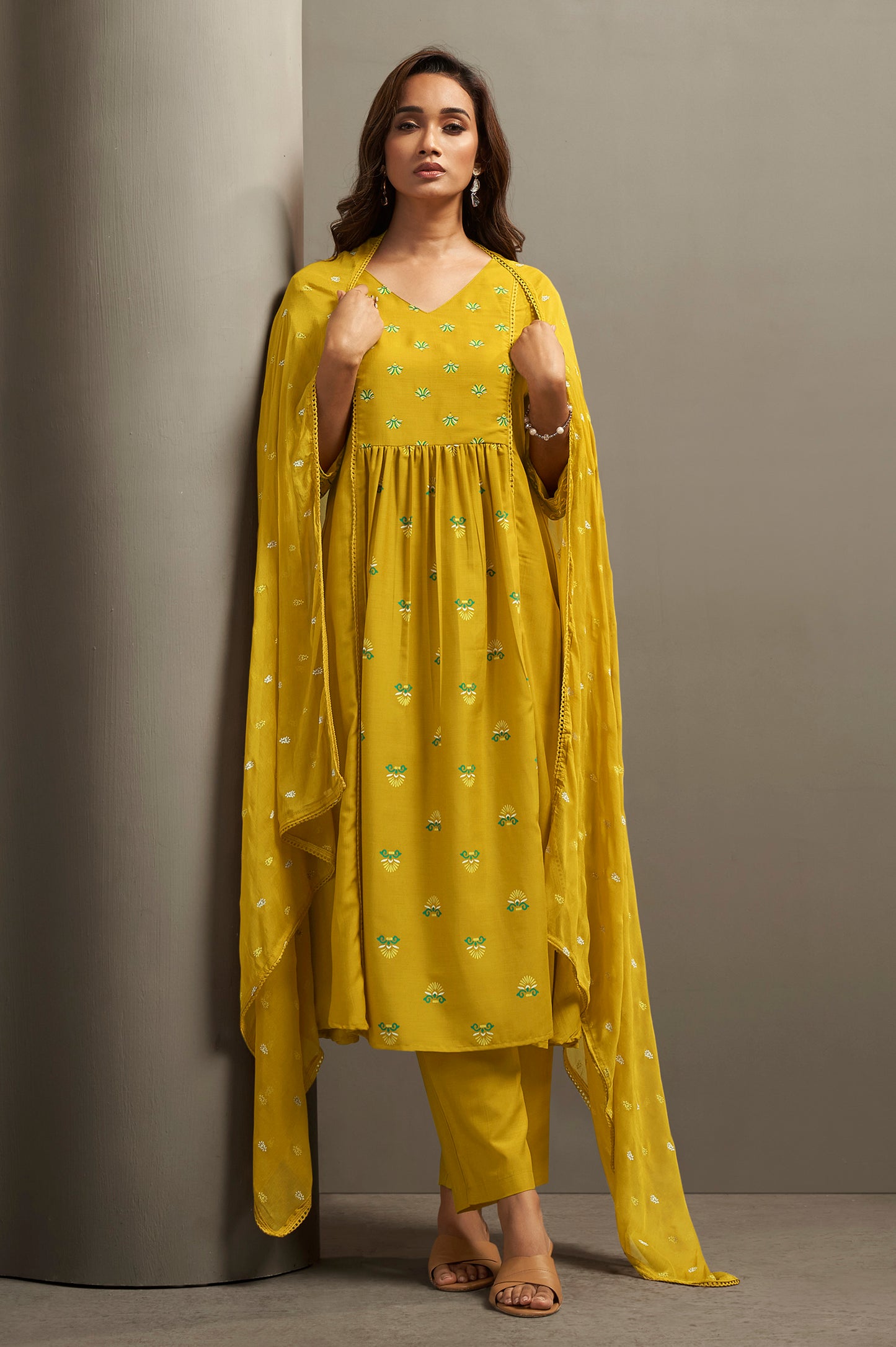 Women's Cotton Blend Ethnic Motifs Printed Flared Kurta with Solid Elasticated Pants & Printed Nazmin Cotton Blend Dupatta