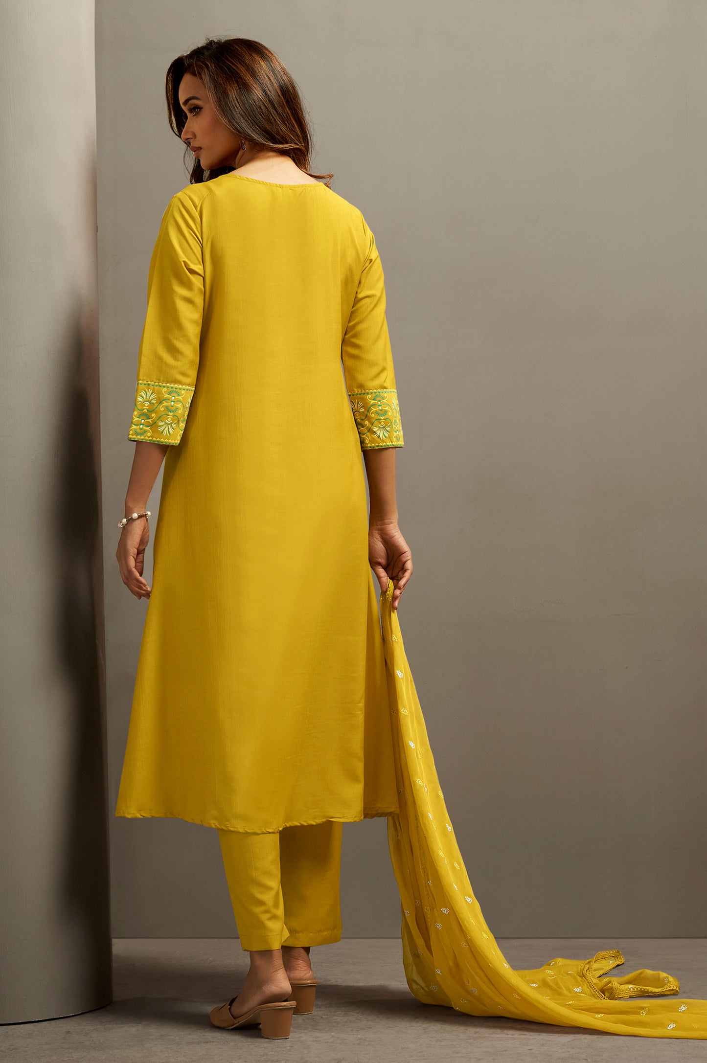 Women's Cotton Blend Ethnic Motifs Printed Flared Kurta with Solid Elasticated Pants & Printed Nazmin Cotton Blend Dupatta