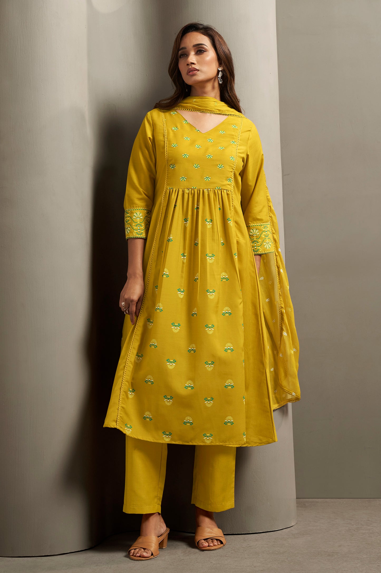 Women's Cotton Blend Ethnic Motifs Printed Flared Kurta with Solid Elasticated Pants & Printed Nazmin Cotton Blend Dupatta