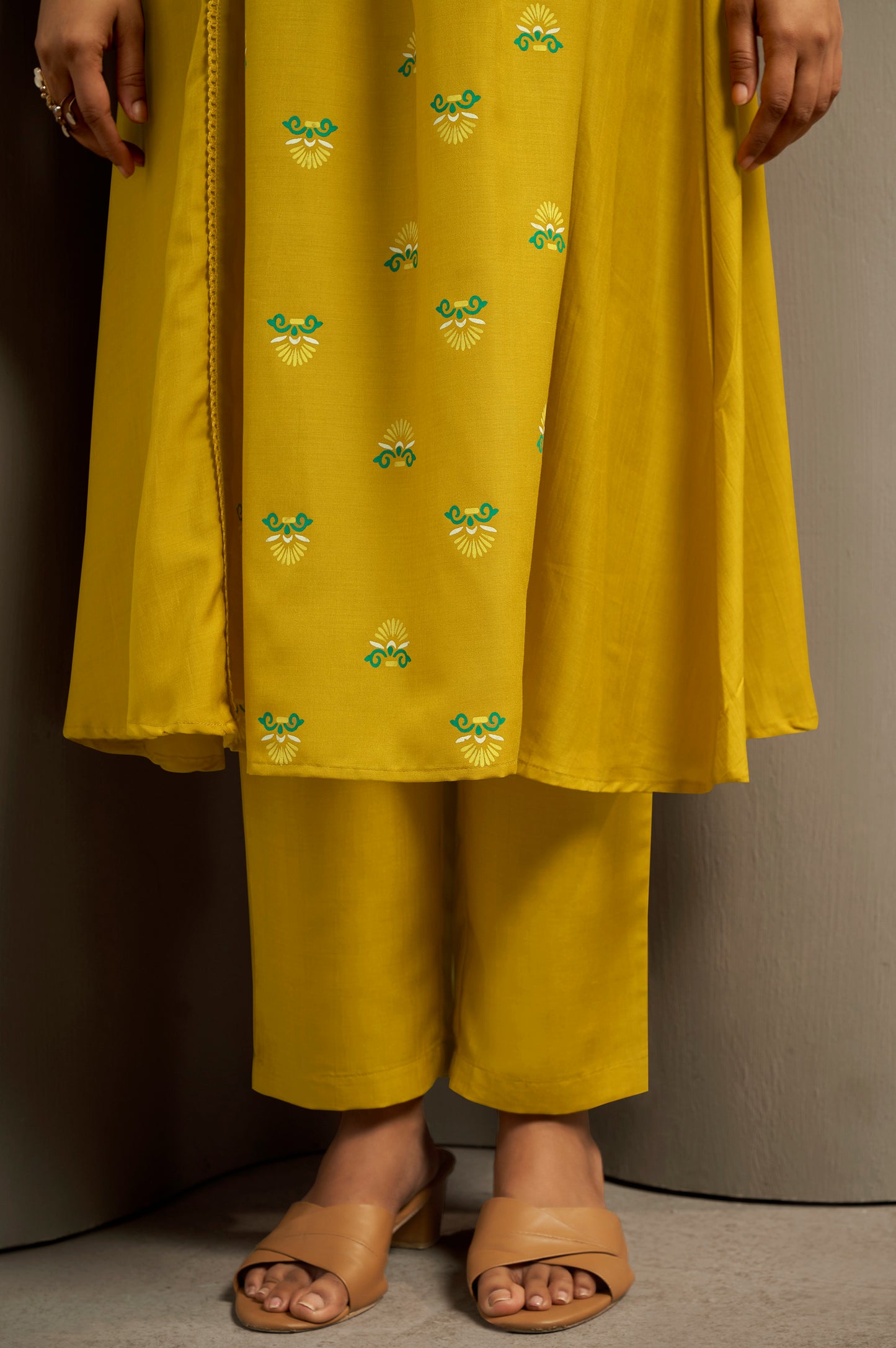 Women's Cotton Blend Ethnic Motifs Printed Flared Kurta with Solid Elasticated Pants & Printed Nazmin Cotton Blend Dupatta